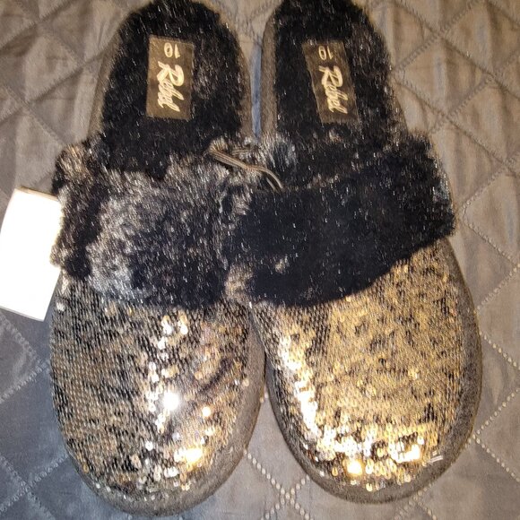 Rebel Slipper Sequin Silver Black Scuff Slide Super Soft Faux Fur 9-10 9 10 - Picture 1 of 7